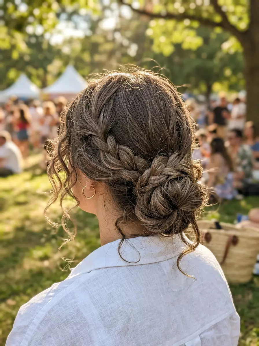 Boho Messy Braided Nape Bun - Long Hair 2026 long boho messy braided nape bun with mushroom brown, loose braid, no fringe — playful bohemian
