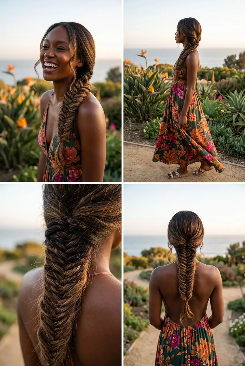Boho Fishtail Braid for Long Hair 2026 long mushroom brown fishtail braid with sun-faded highlights and boho waves for summer
