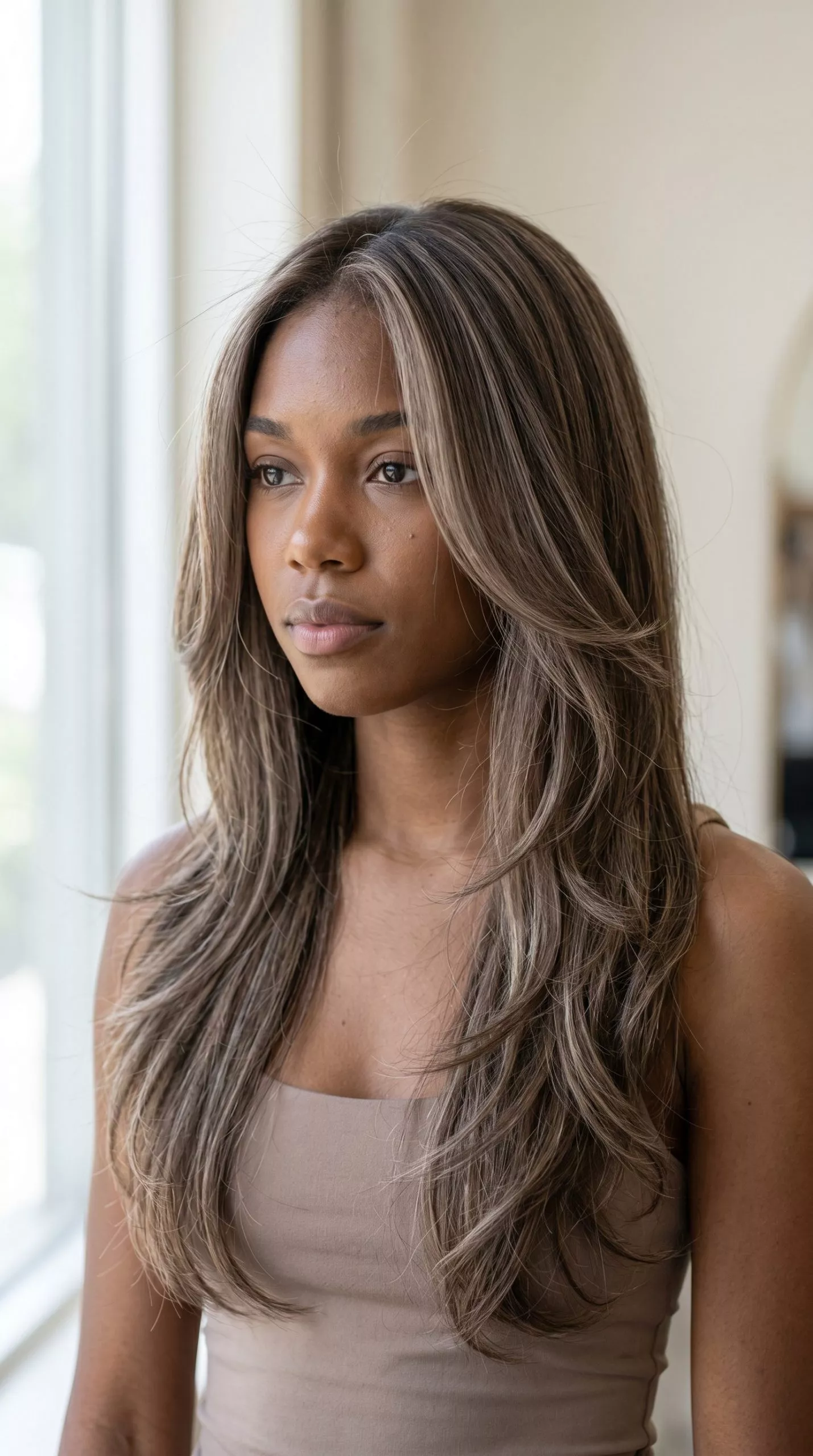 Mushroom Brown Hair 2026: Subtle Hairline Accent long layered mushroom brown hair with ash undertones and hairline accent for summer