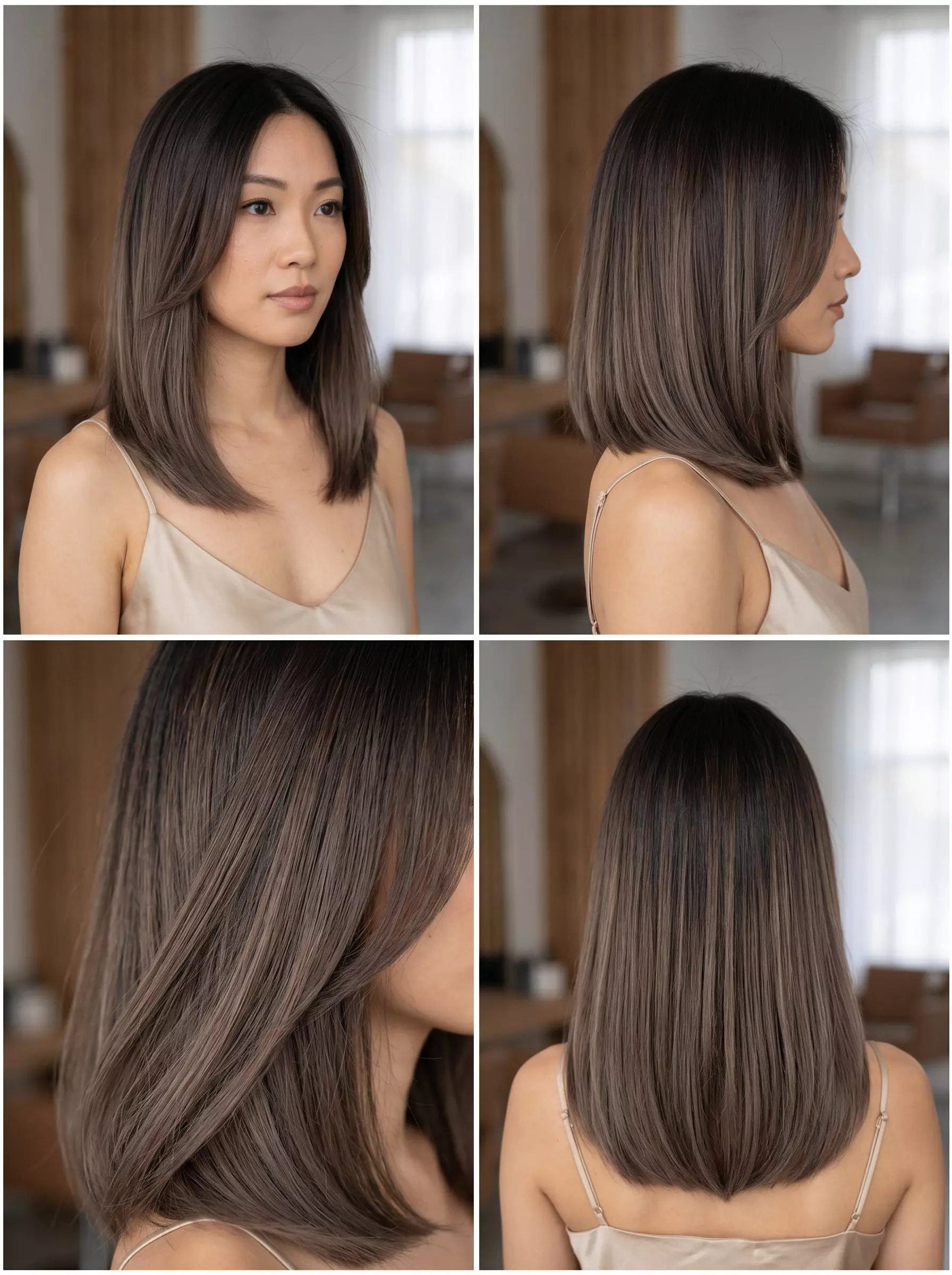 Mushroom Brown Ombré Long Hair 2026 long one-length haircut with mushroom brown ombré, espresso base, no bangs — sophisticated