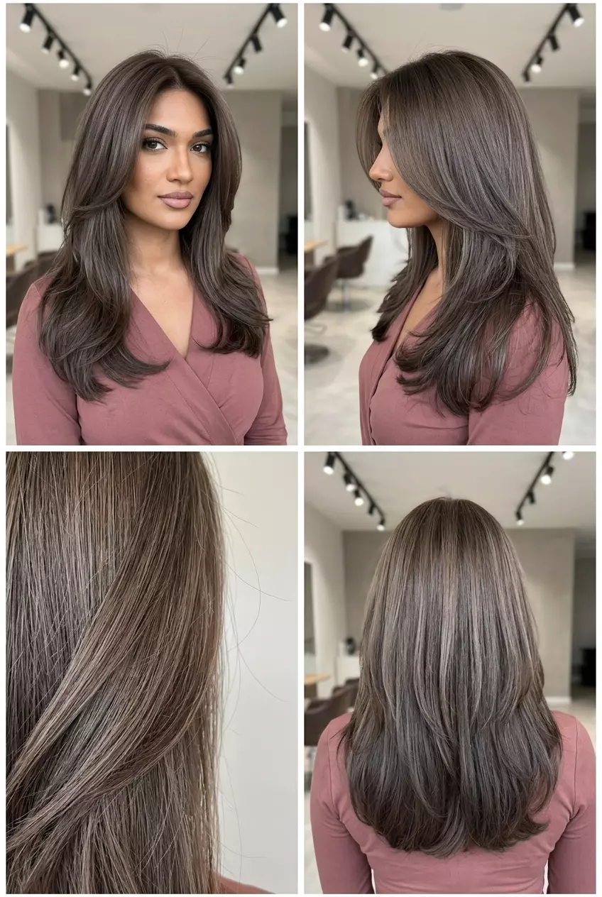 long mushroom brown reverse balayage with deep taupe-ash ends, cool melt, no fringe &mdash; edgy