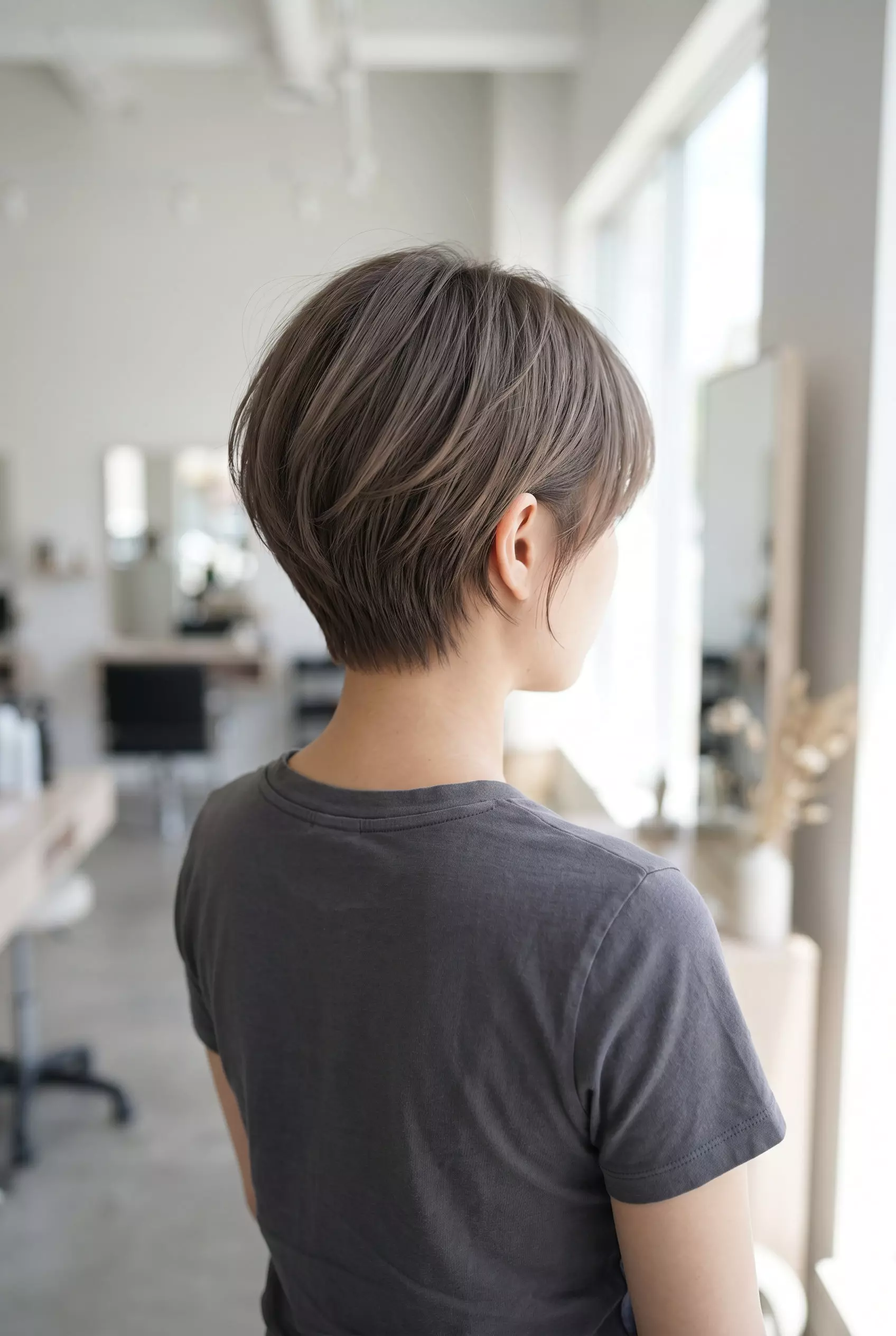 Cool Mushroom Brown Crop 2026 short crop haircut with cool mushroom brown color, textured top, side-swept bangs — minimalist