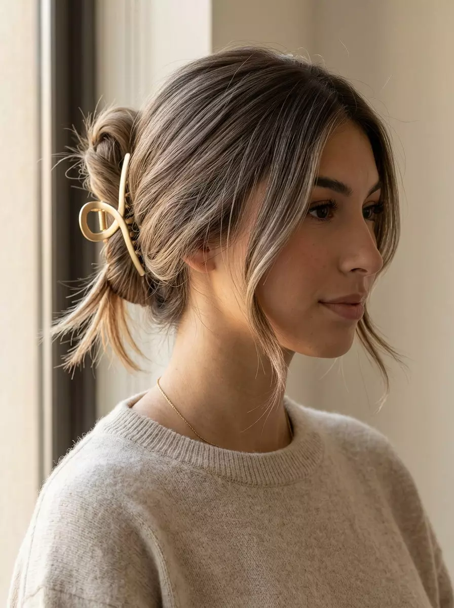 long mushroom bronde updo with ash undertones, clean girl clip updo for casual daily