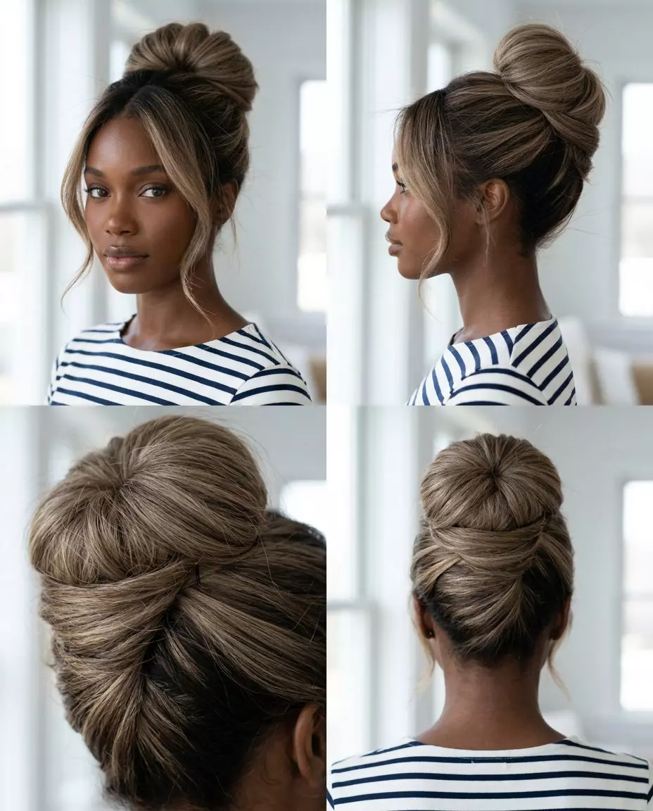 medium mushroom bronde lob updo with ash babylights, soft feathered front pieces &mdash; chic casual brunch