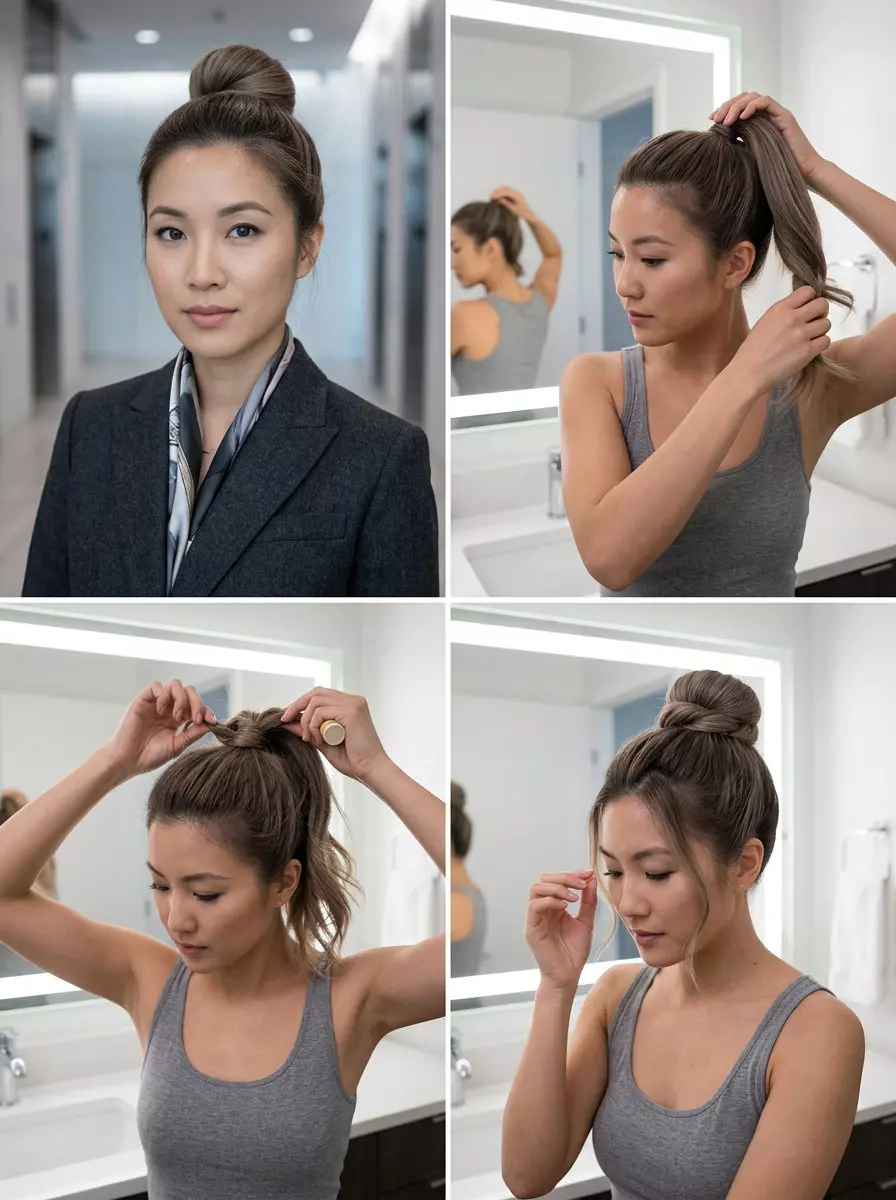 medium mushroom bronde updo with ash undertones, minimalist high wrap for work