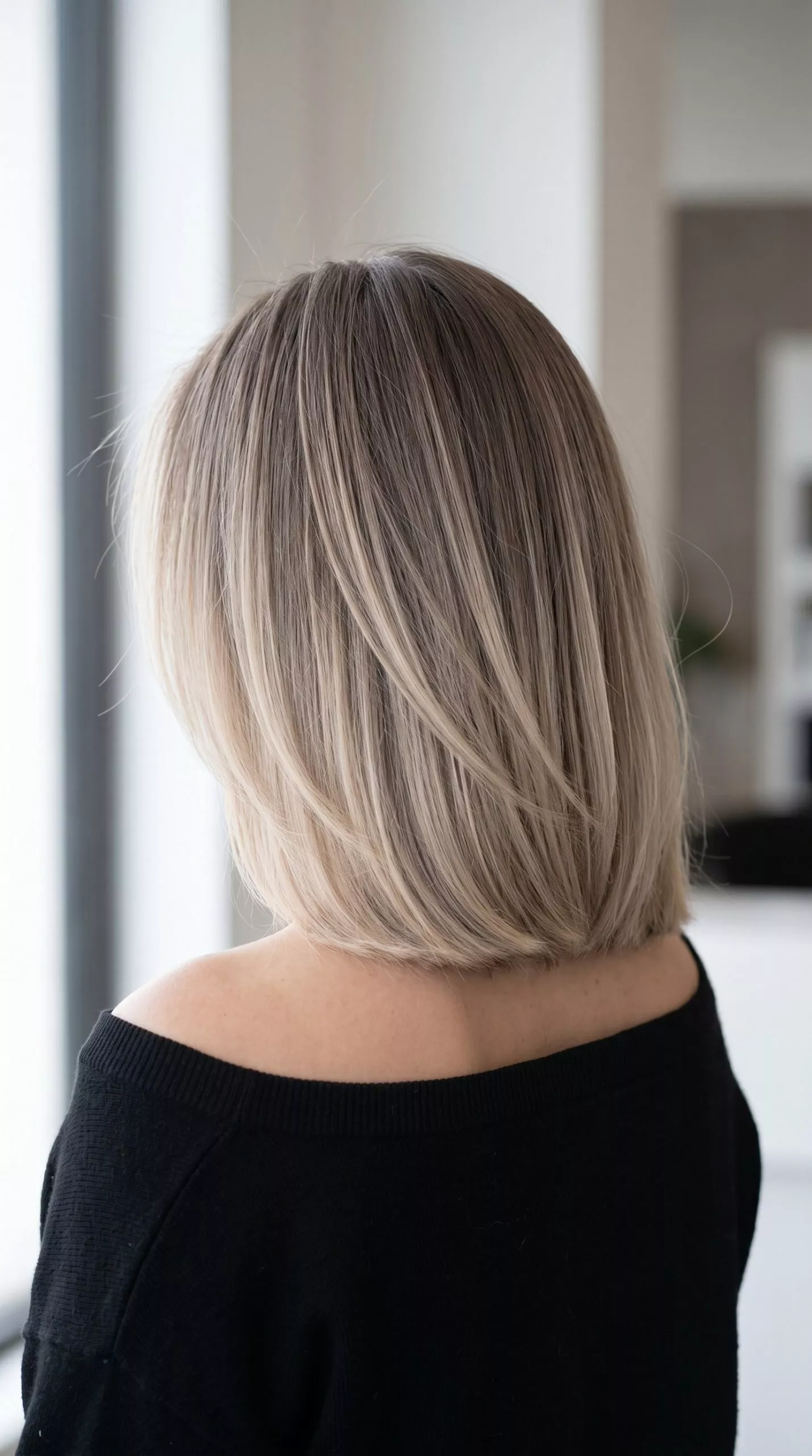 shoulder-length mushroom brown to blonde ombre lob with curtain bangs for modern cool
