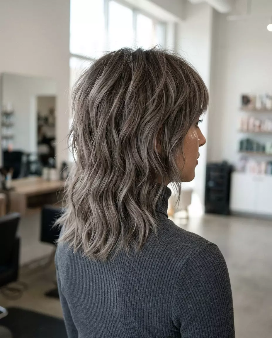 medium-length wolf cut in mushroom silver with ash-violet toner, textured crown, shattered ends &mdash; edgy modern look