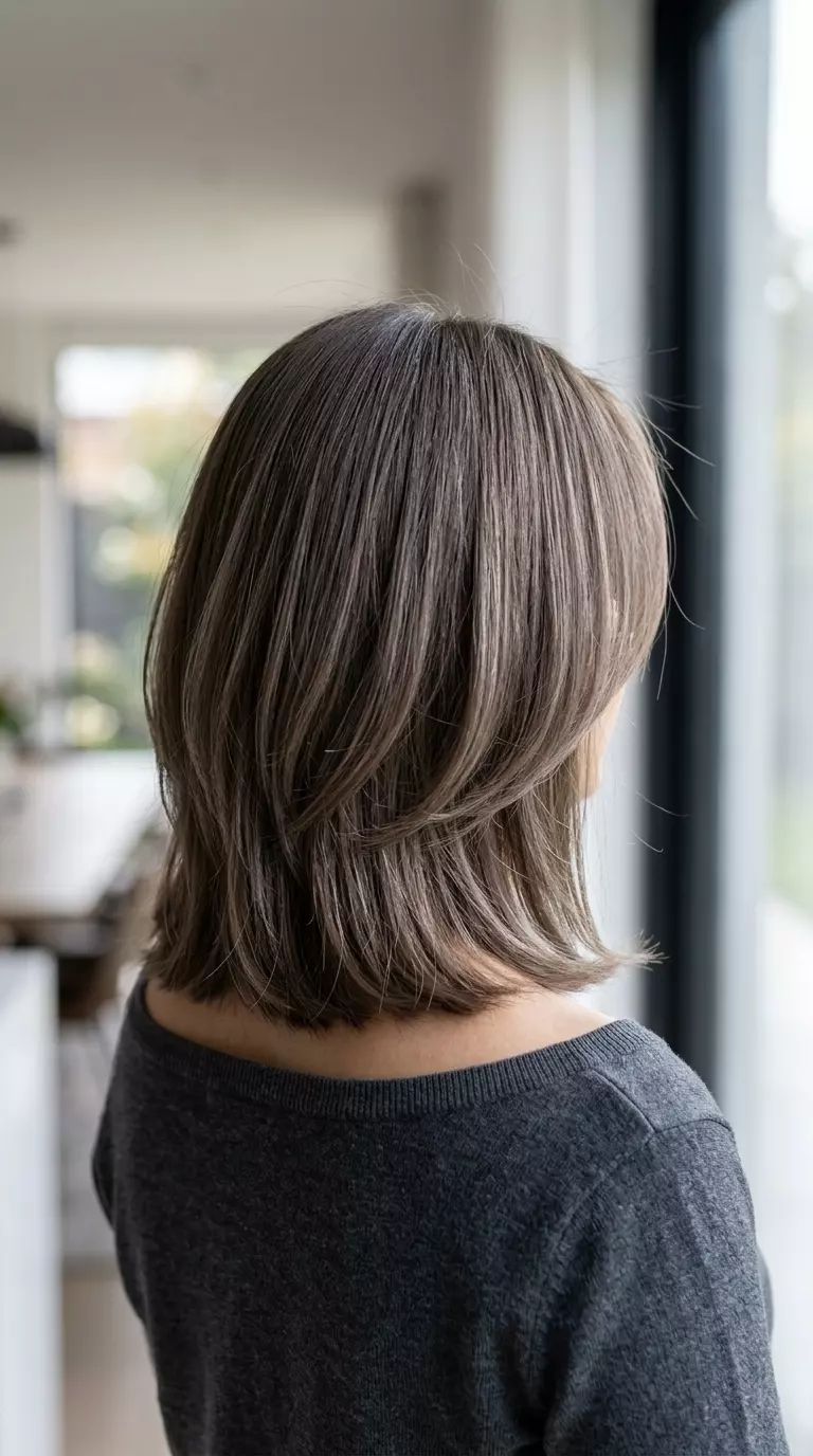 long mushroom taupe face-framing with ash-taupe highlights, no fringe &mdash; edgy minimalist professional