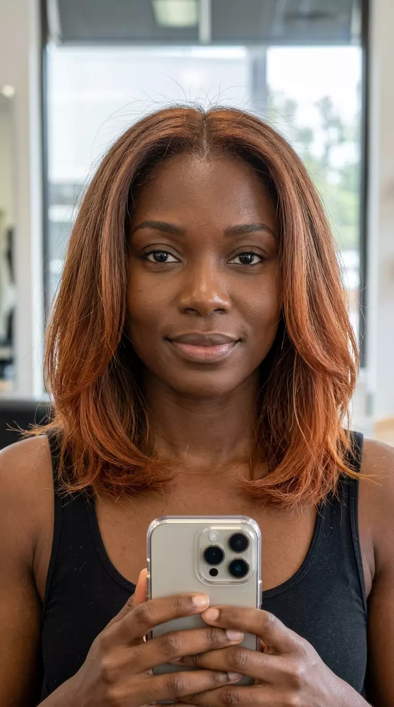 textured shag ombre muted copper-brown with rust-orange ends, choppy layers, N/A &mdash; edgy bohemian festival