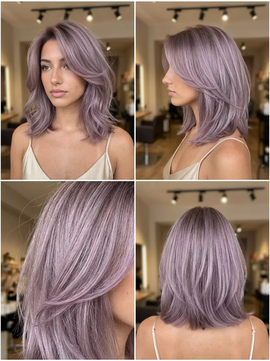 medium butterfly haircut in muted lilac with soft layers and a deep side part for date night