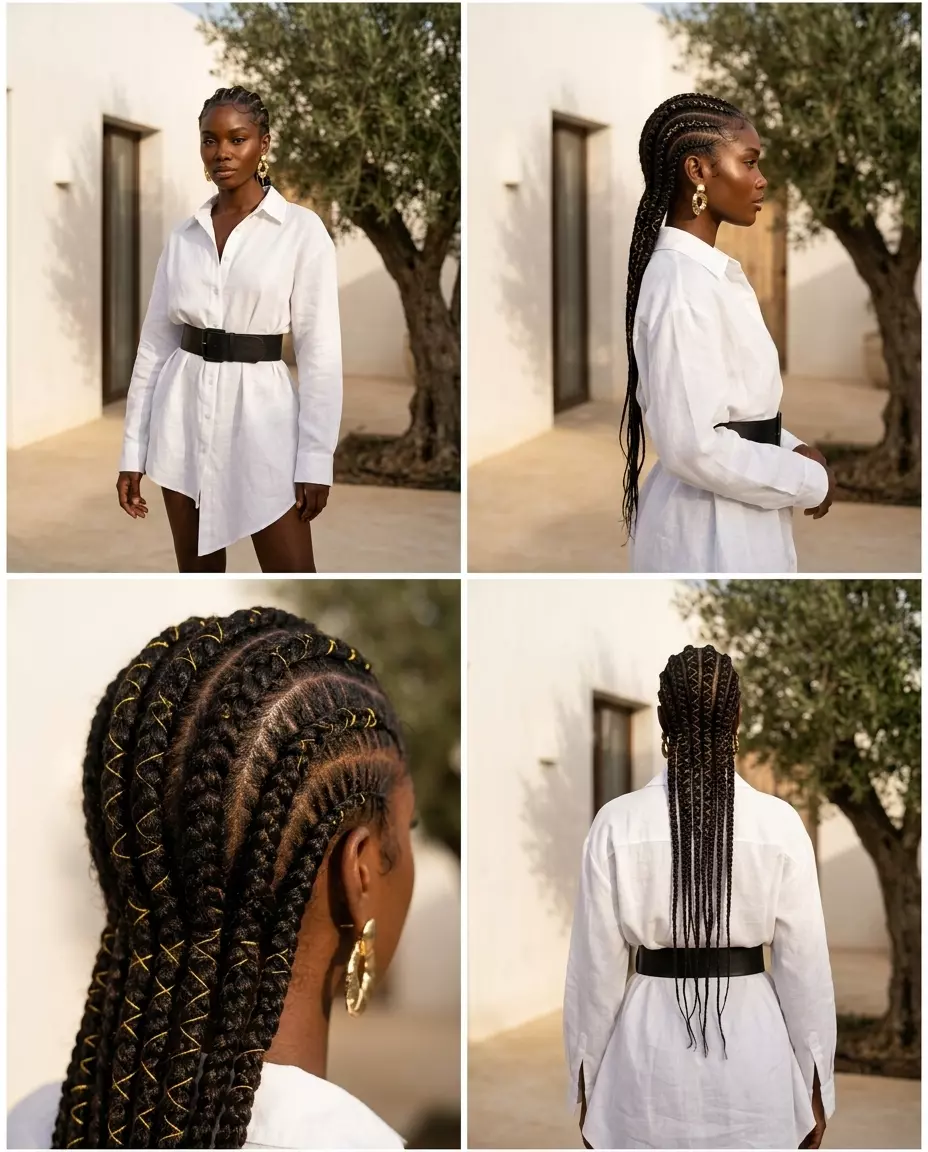 long natural braids with sculptural patterns and gold thread for summer 2026