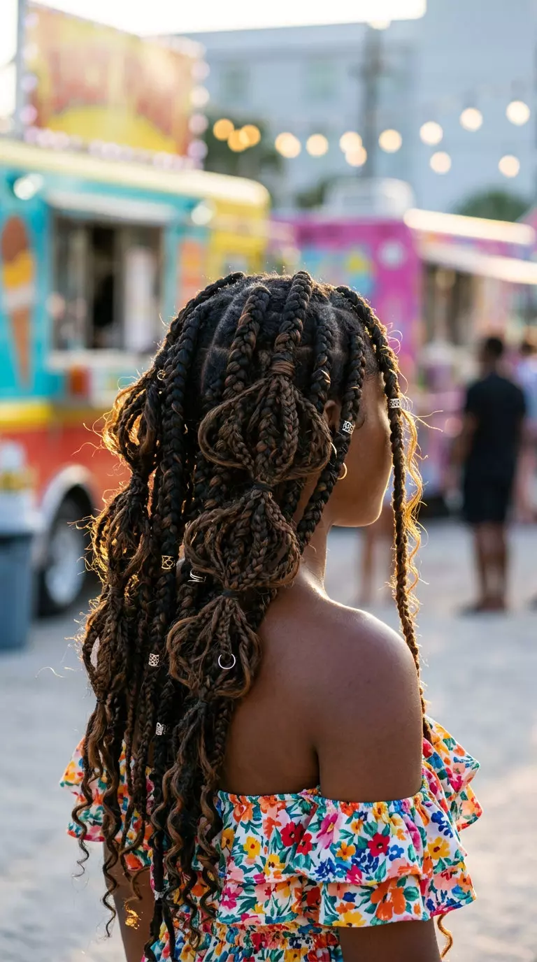 long tousled butterfly braids with natural black and brown, playful charms for festivals