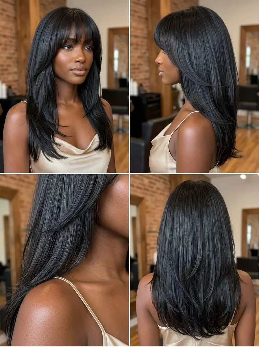 long layered haircut with deep natural black, cool undertones, high-gloss finish, birkin bangs, wispy layers &mdash; romantic, glamorous, sophisticated