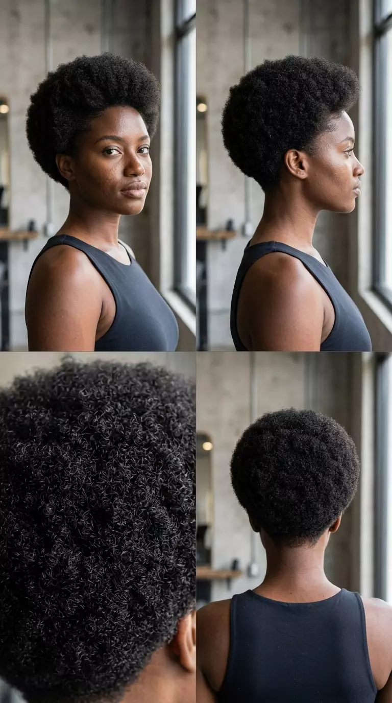 short afro-crop haircut with natural black color, rounded shape, tapered sides &mdash; bold natural