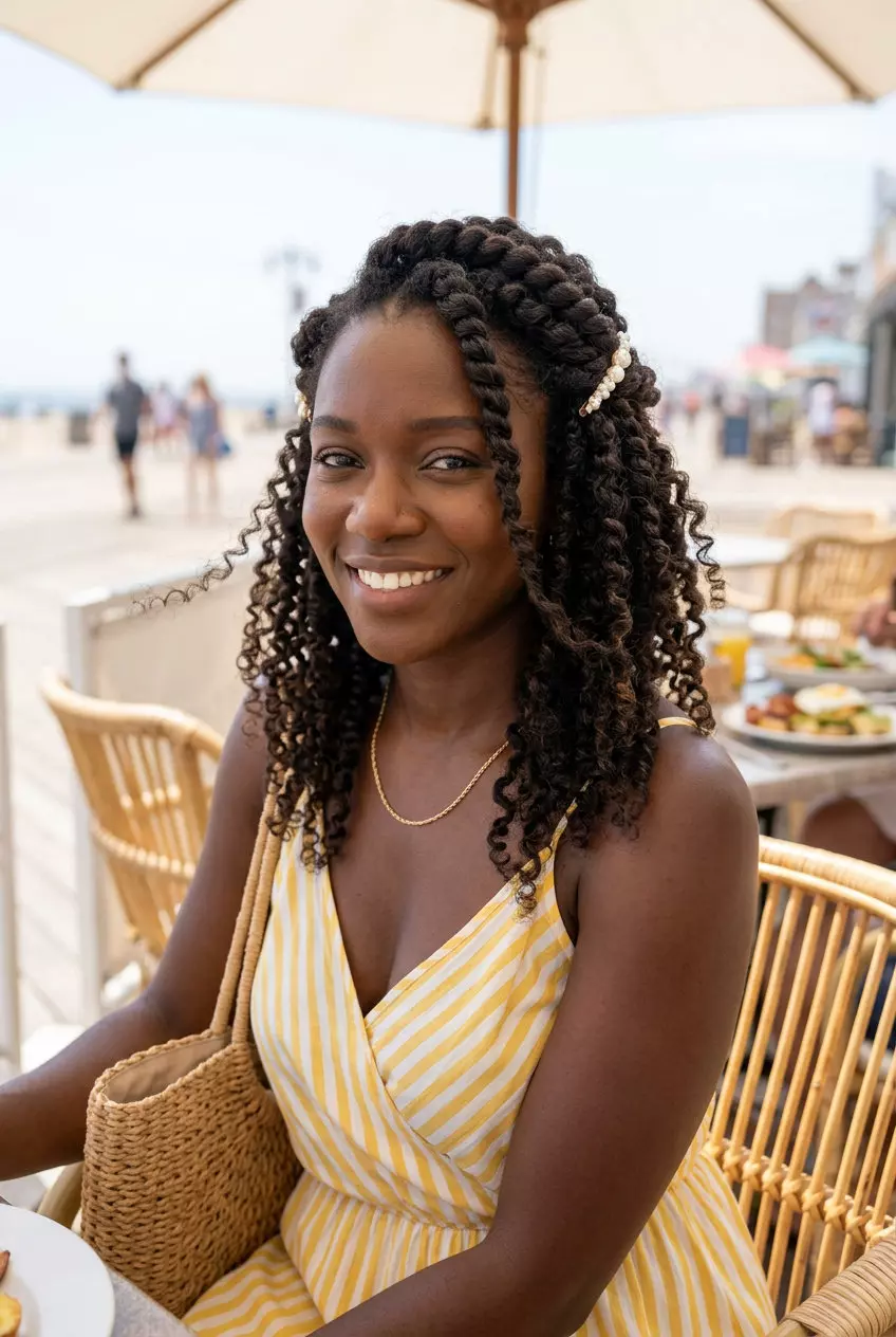 shoulder-length natural hair half-up twist with pearl accents for summer 2026