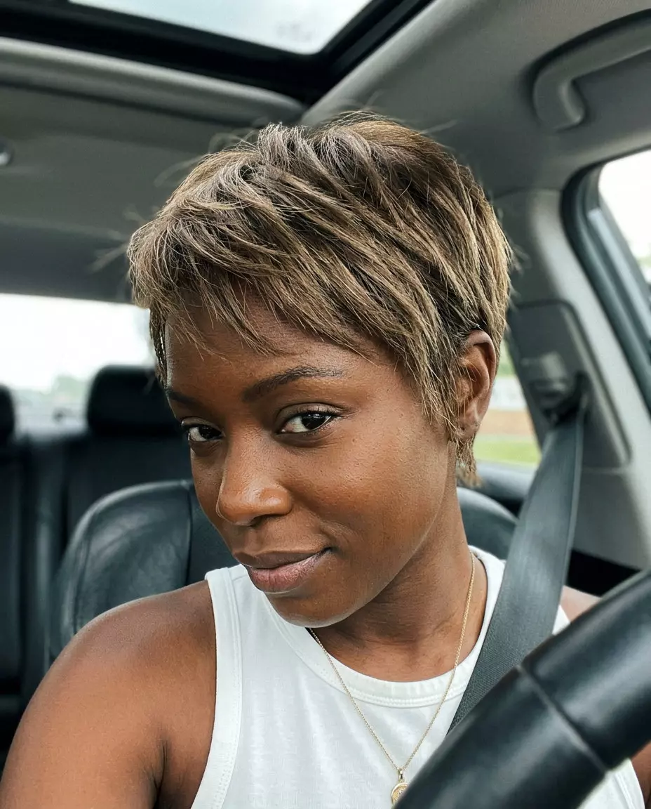 short natural bronde crop haircut with diffused lightness and piecey texture for daily wear