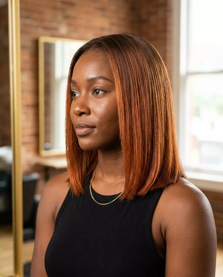 medium-length bob ombre natural brown with metallic penny copper ends, seamless blend, N/A &mdash; chic sophisticated date night