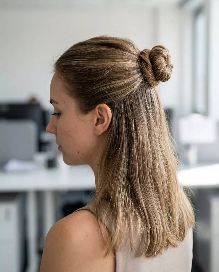 long natural brunette half-up twist bun with clean finish for work