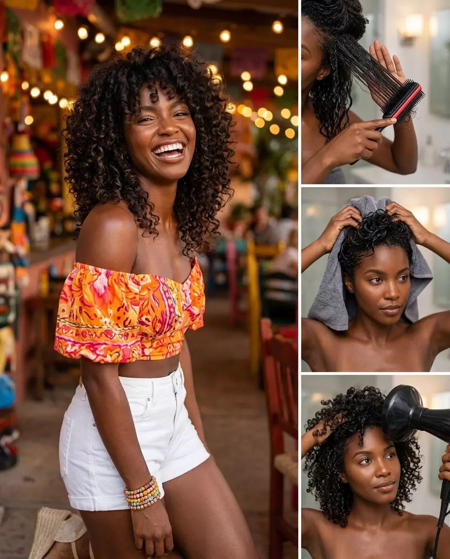 medium natural brunette curly shag with defined layers and fringe for festivals
