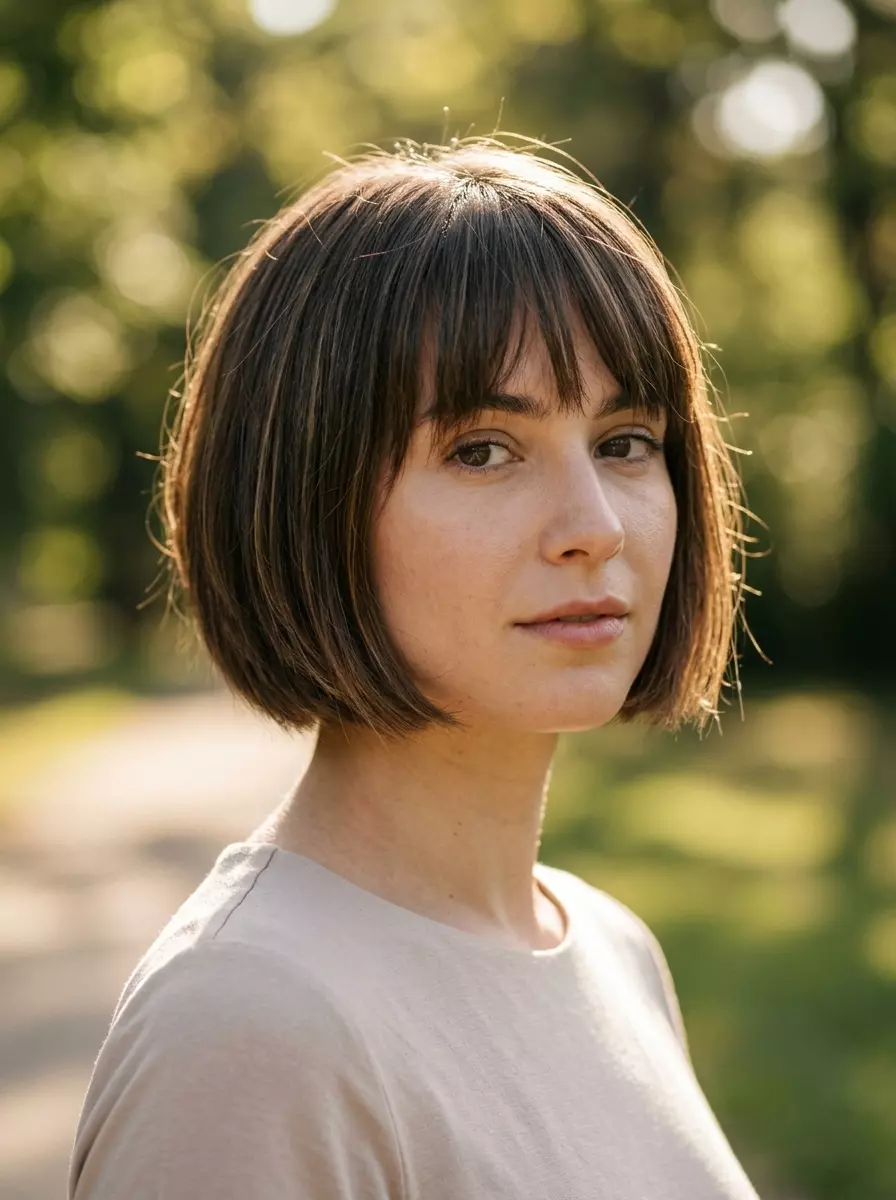 Caramel Ribbon Pixie Bob Haircut 2026 short pixie bob haircut with natural brunette, caramel ribbons, blunt perimeter — romantic & effortless