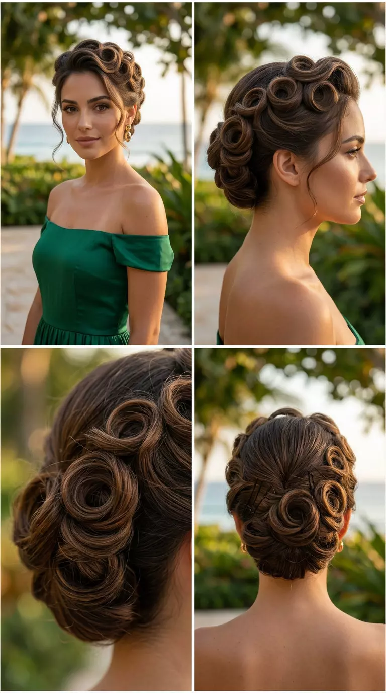 short pin-curl updo with natural color, sculpted waves and micro-bangs for retro glam