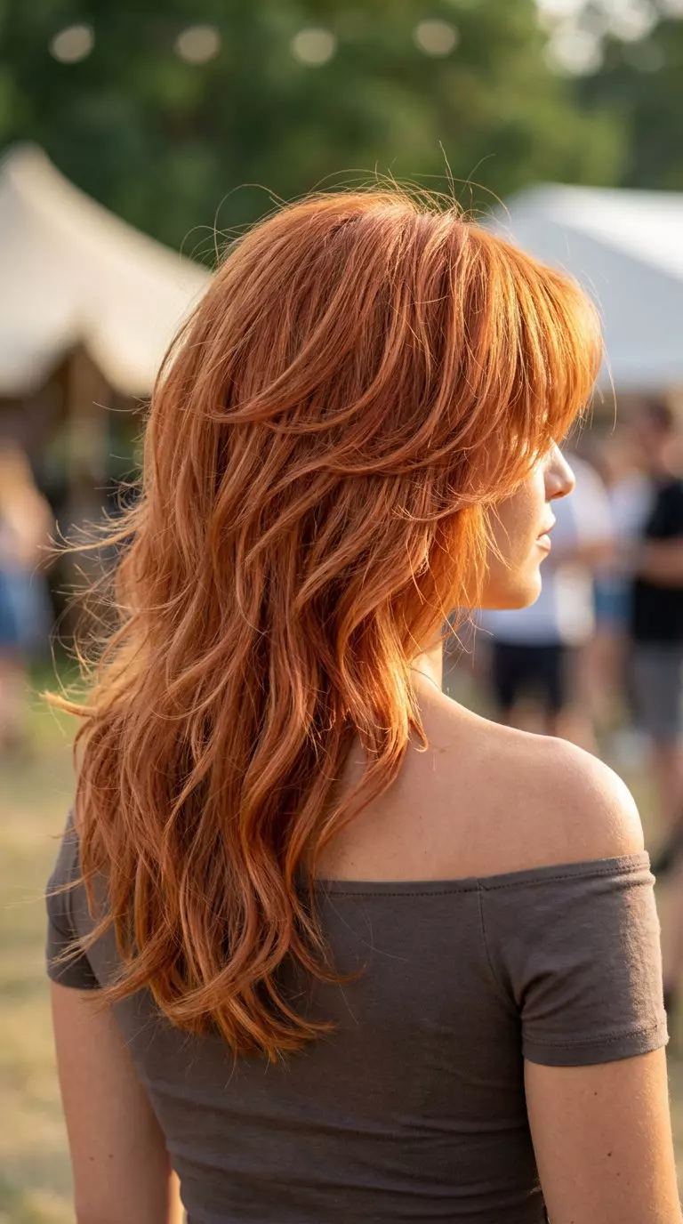 shoulder-length wolf cut in nectarine copper with strawberry blonde highlights, textured layers, wispy curtain fringe &mdash; playful festival look