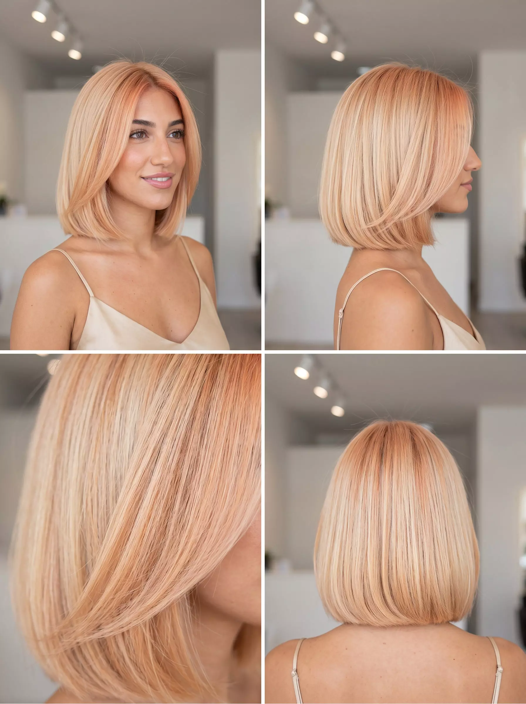 Nectarine Glaze Bob 2026: Sun-Kissed Balayage shoulder-length nectarine glaze balayage bob with apricot undertones, blunt cut, no bangs — playful sun-kissed look