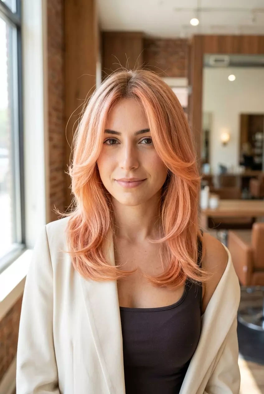 shoulder-length curve cut nectarine peach-gold with soft root blend, balayage technique &mdash; romantic summer party look