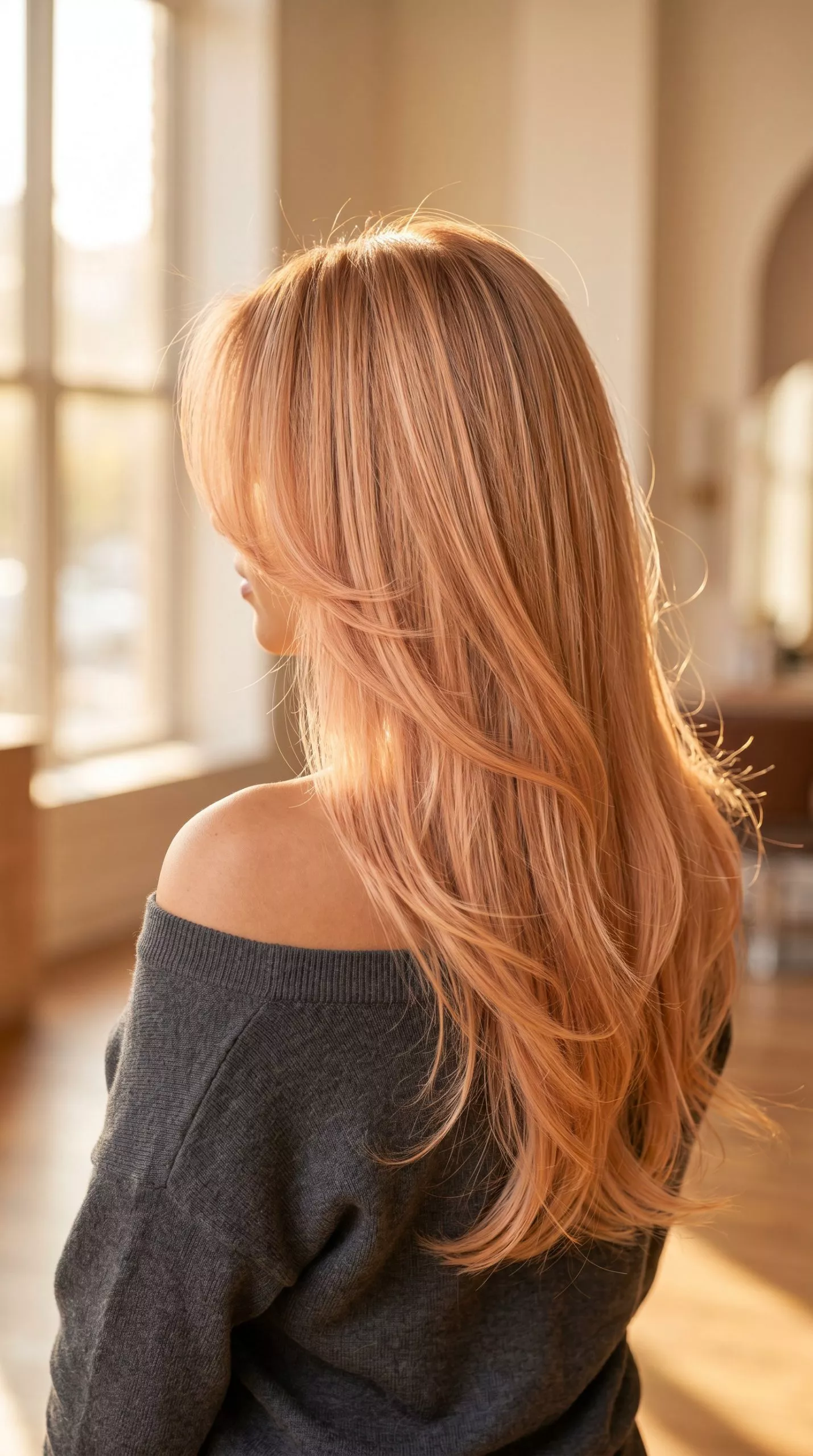 Nectarine Peach Dreamy Layers 2026 long flowing layers haircut with nectarine peach glaze, face-framing layers, no bangs — romantic