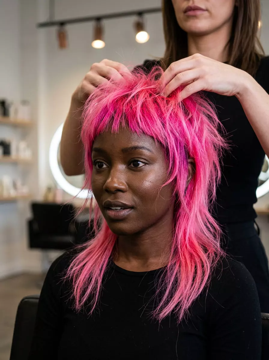 medium length wolf cut in electric neon pink, aggressive disconnected layers, micro-fringe &mdash; punk cyberpunk summer