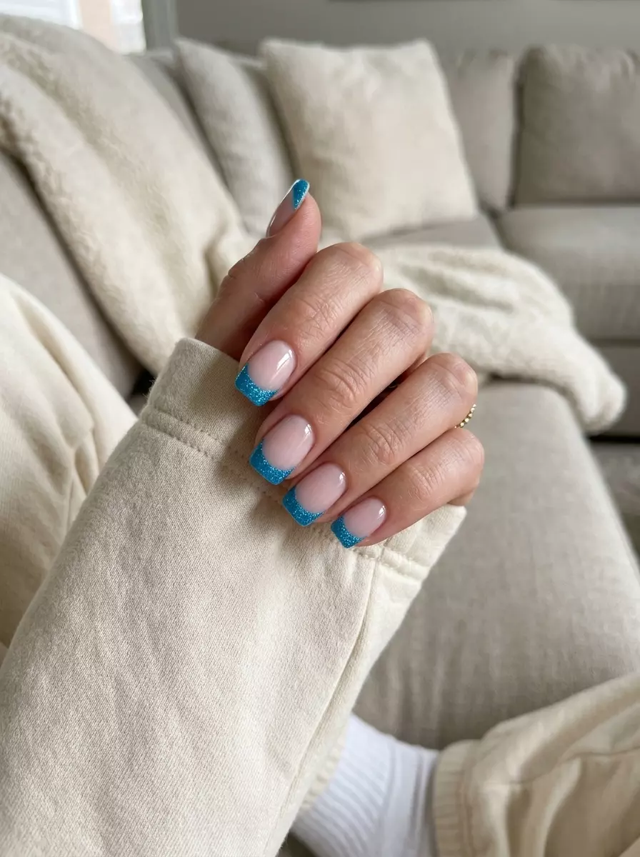 Neon blue glitter French tips on sheer nude nails for party and summer gathering 2026.