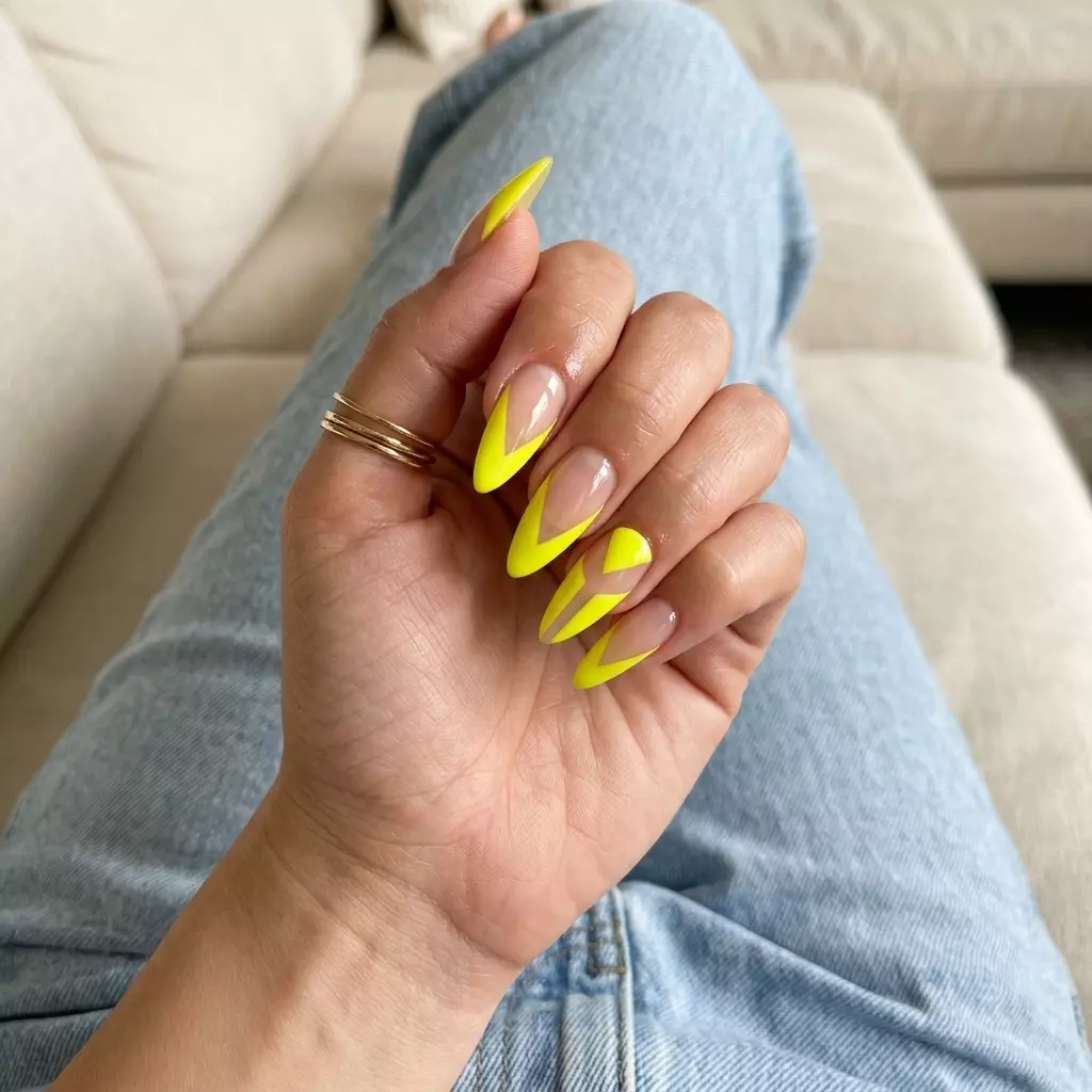Modern fluorescent yellow geometric lines over clear base. Neon summer nails 2026.
