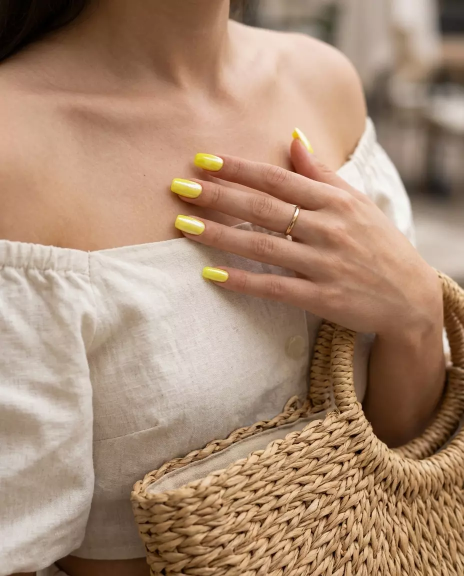 Radiant fluorescent yellow nails with iridescent pearl sheen. Neon summer nails 2026.