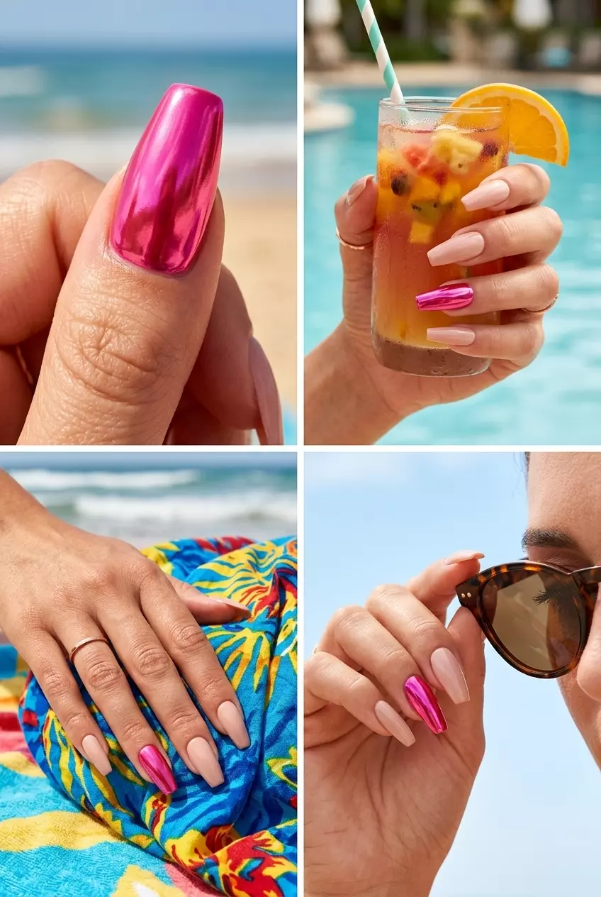 Neon summer nails 2026: Hot pink chrome accent on neutral base for glamorous date nights and parties.