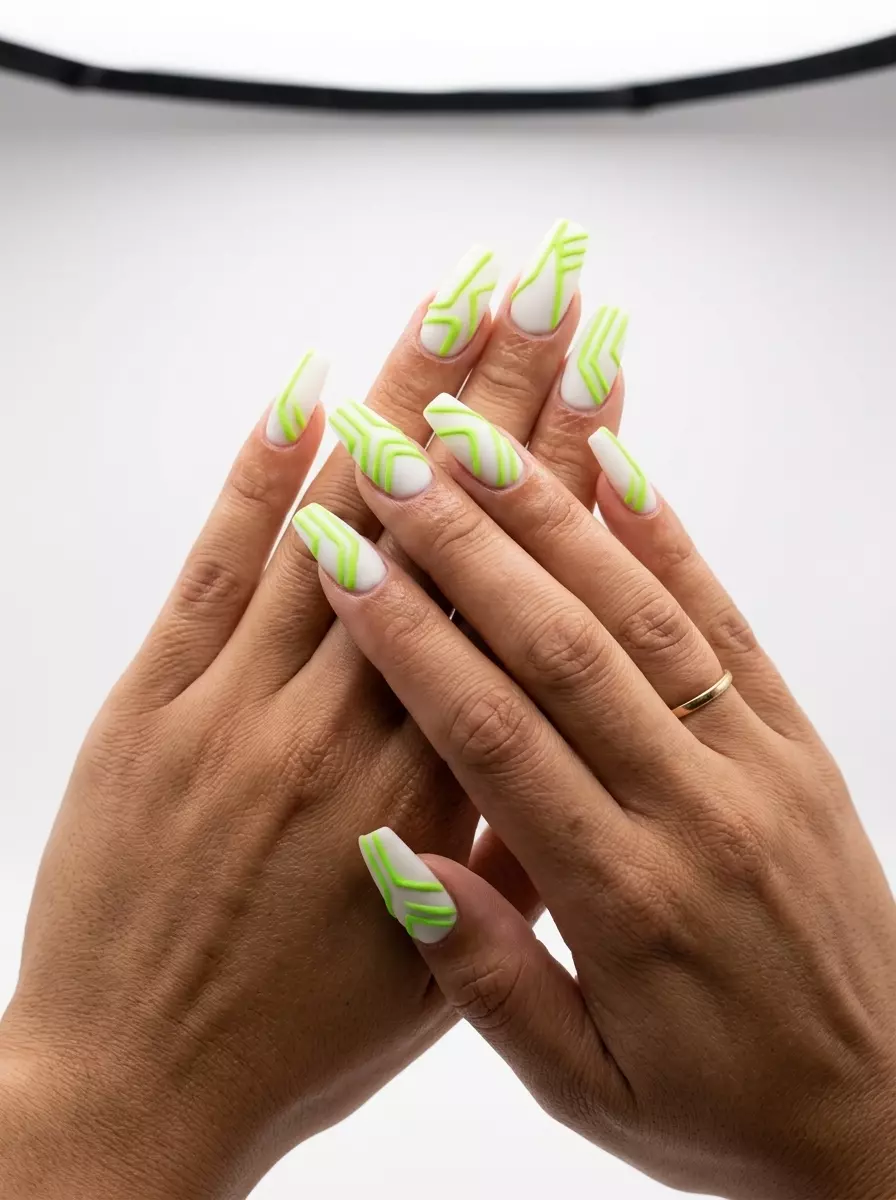 Neon summer nails 2026: Matte white with electric lime green textured lines for edgy festival looks.