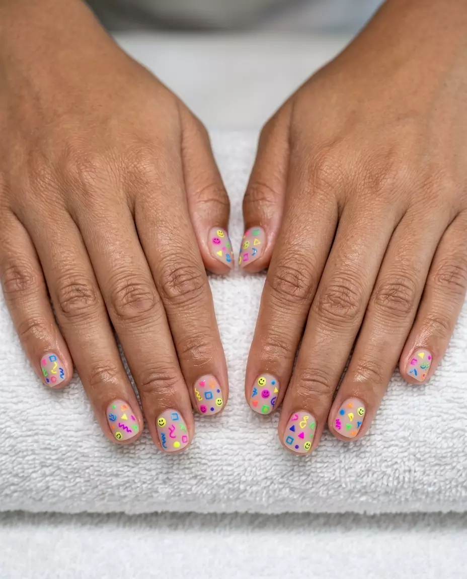 Matte neutral nails with playful neon decals for festivals and summer parties 2026.