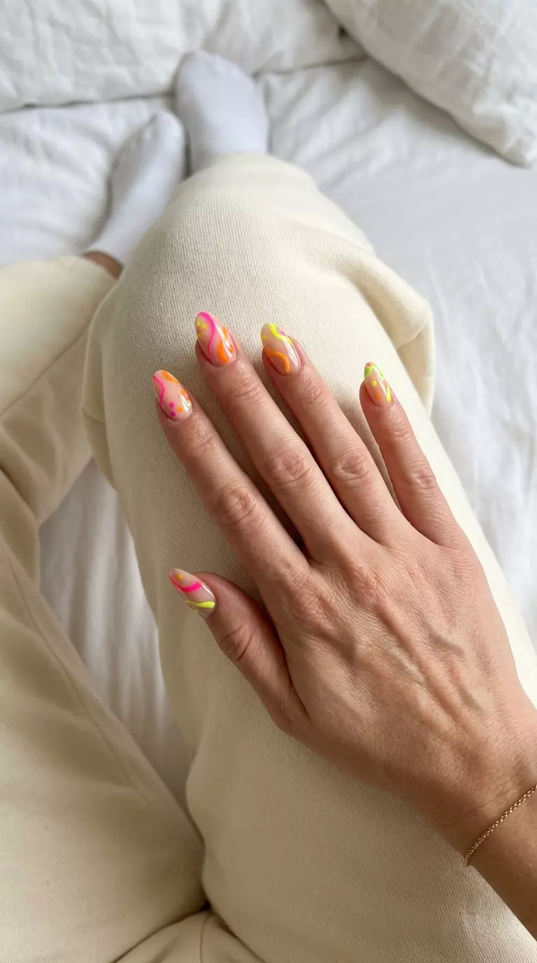 Neon summer nails 2026: Nude base with playful multi-color neon swirls for vacation and casual wear.