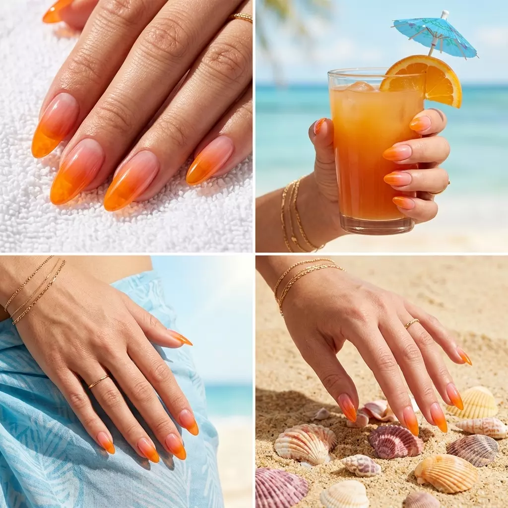 Vivid orange jelly ombre sunset nails for vacation and beach trips 2026.