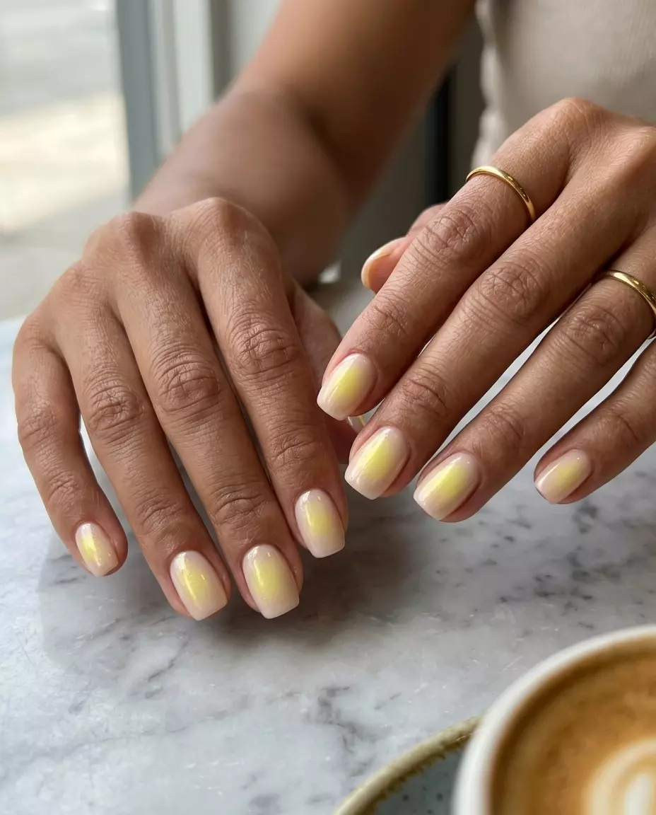 Neon summer nails 2026: Sheer nude base with fluorescent yellow aura gradient for casual daily wear.