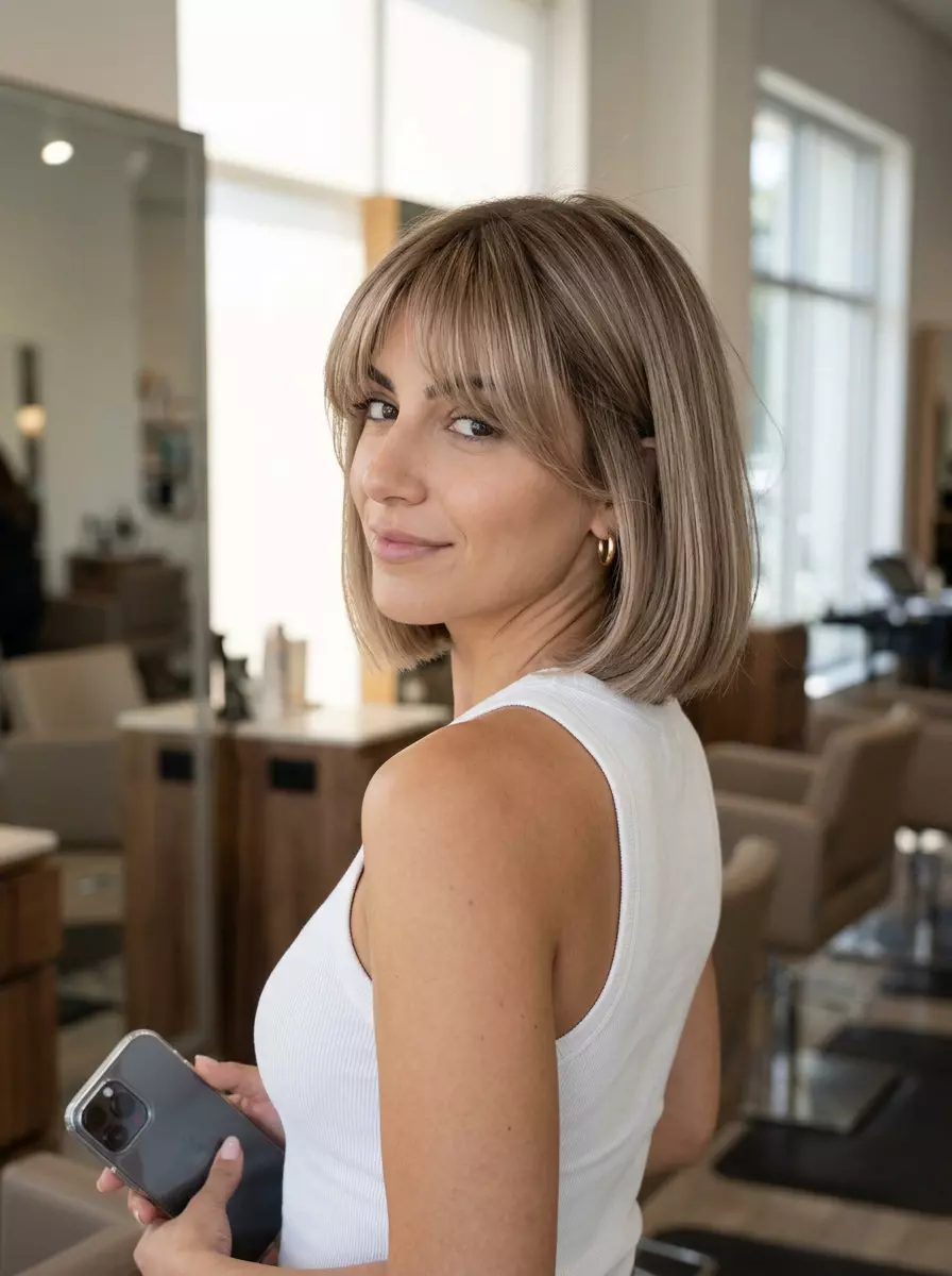 chin-length oat milk bronde bob haircut with blunt perimeter and wispy bangs for summer