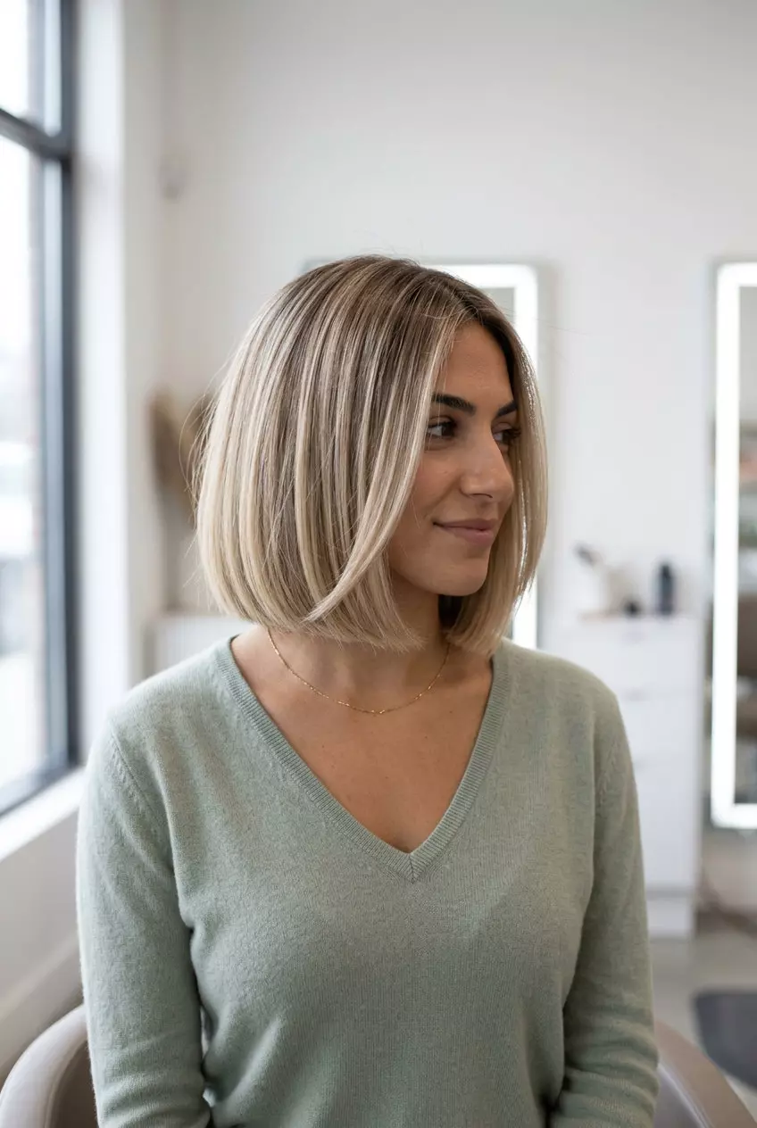 chin-length oat milk bronde italian bob haircut with blunt perimeter and no bangs for summer