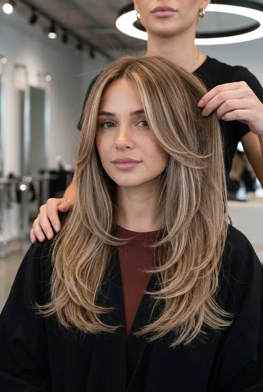long oat milk bronde with creamy blonde babylights and soft invisible layers for romance