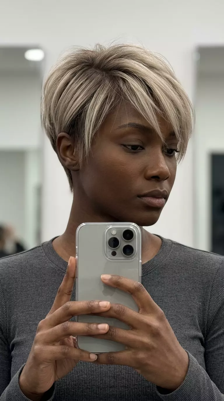 short oat milk bronde pixie haircut with razored layers and side-swept fringe for summer