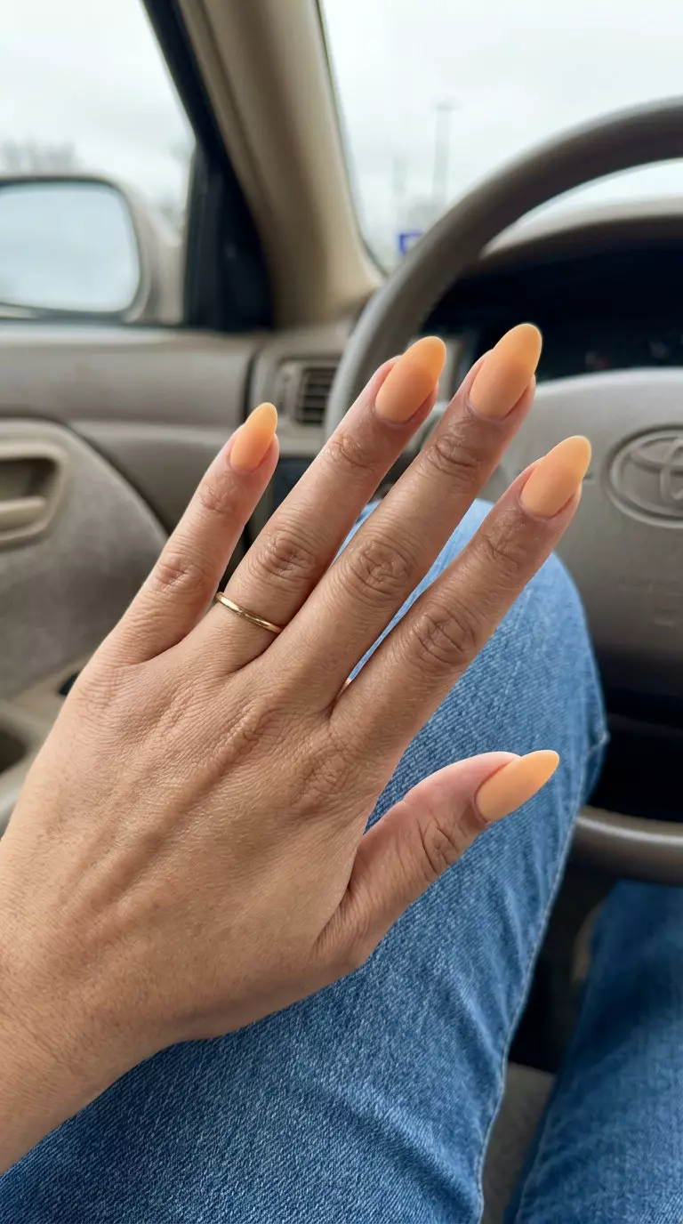 Oval Summer Nails 2026: Apricot Velvet Matte Sophisticated oval summer nails 2026 in creamy apricot with a luxurious velvet matte finish.