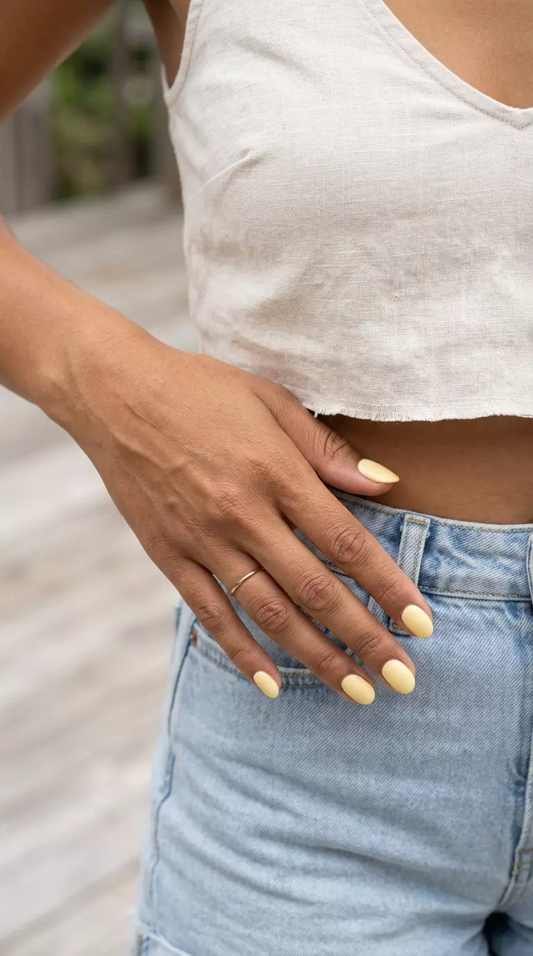 Oval Summer Nails 2026: Butter Yellow Creamy Gloss Playful oval summer nails 2026 in opaque butter yellow for casual spring outings.