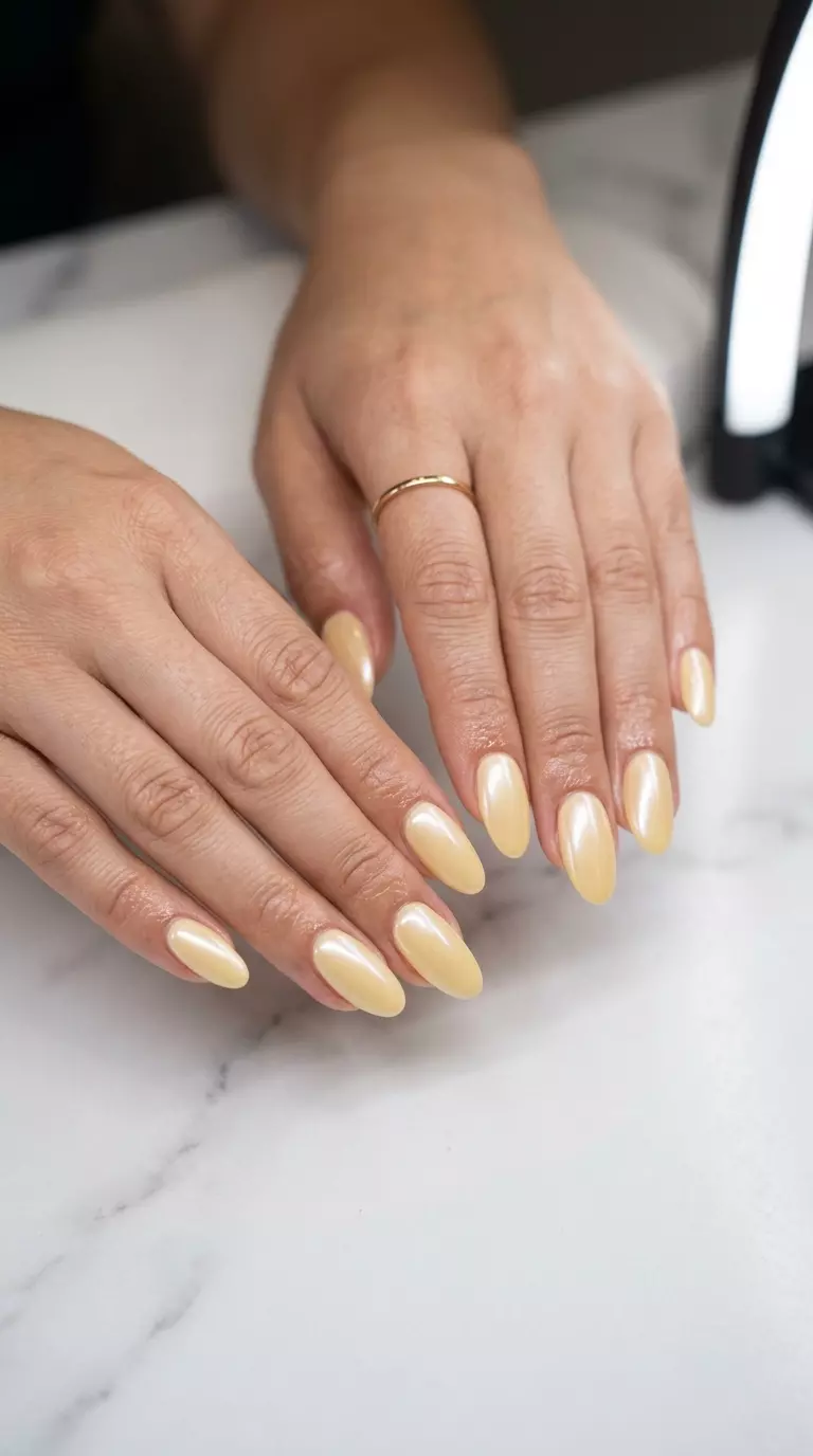 Butter Yellow Glazed Donut Oval Nails 2026 Butter yellow glazed donut oval nails for oval summer nails 2026. Playful for parties and festivals.