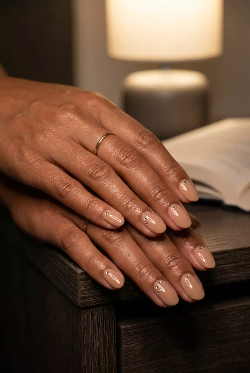 Glamorous oval summer nails 2026 in warm nude with sparkling clear rhinestones for parties.