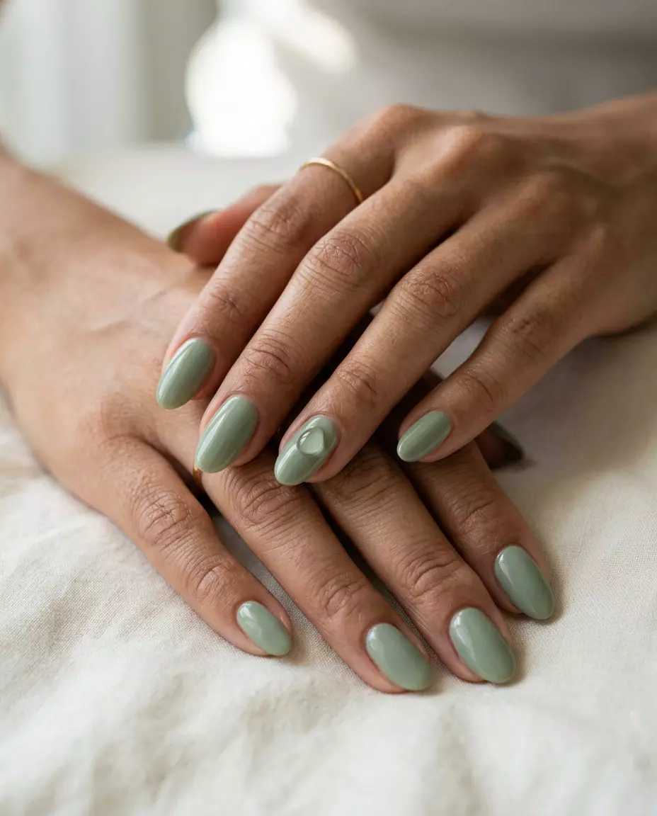 Sage Green Dew Drop Oval Nails 2026 Sage green oval summer nails 2026 with dew drop accent for all skin tones. Clean & chic.