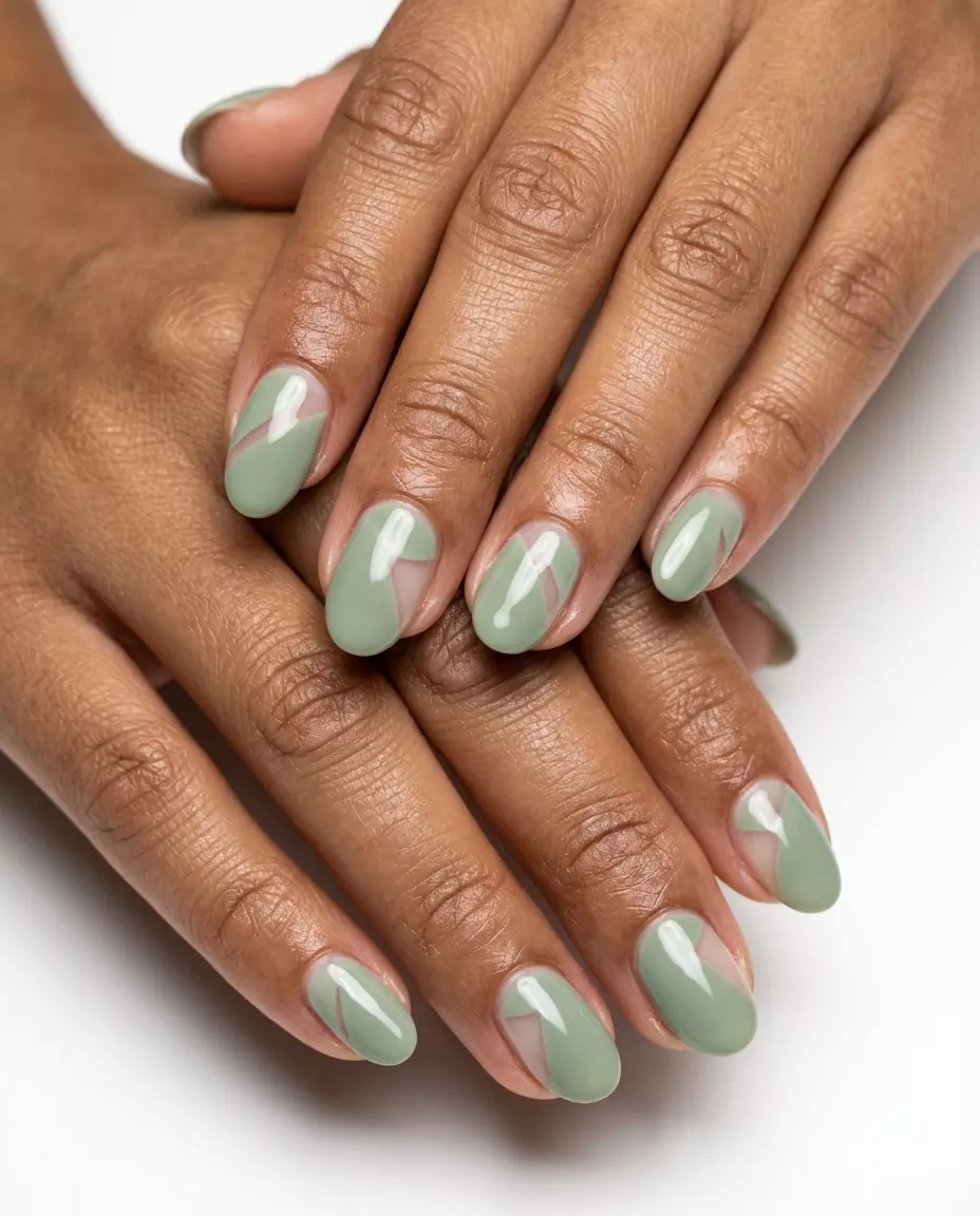 Sage Green Negative Space Oval Nails 2026 Sage green negative space oval nails for oval summer nails 2026. Minimalist style for work and casual outings.