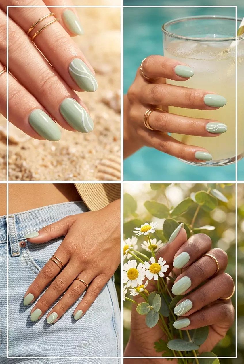 Oval Summer Nails 2026: Sage Green Swirls Oval summer nails 2026 with soft sage green and creamy white abstract swirls for casual bohemian style.
